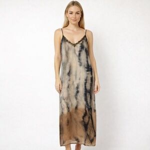 Mango Tie Die Maxi Slip Dress Womens Sz 4 Lined beaded sleeveless festival